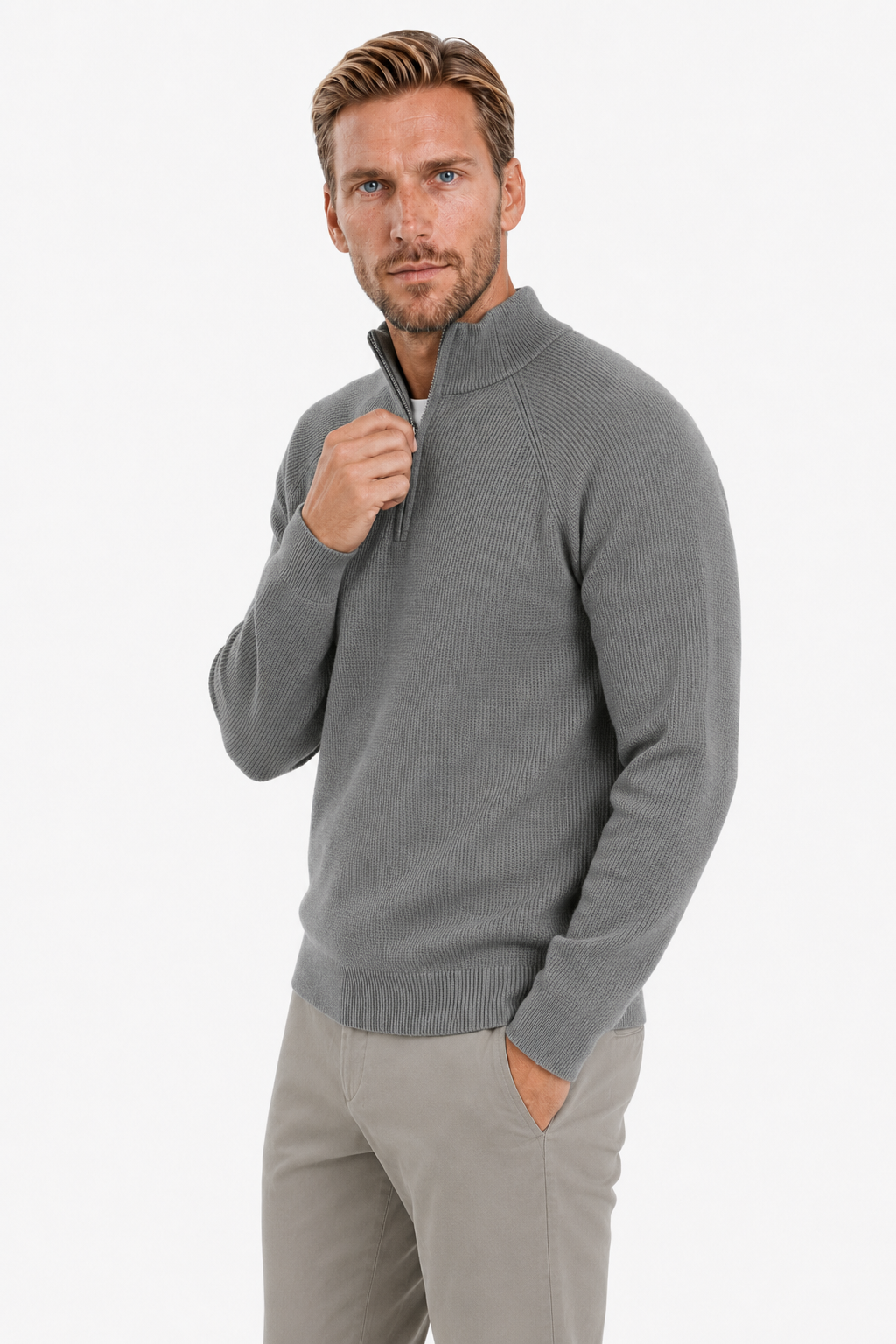 Half-Zip Striktrøje til Mænd – Grå, Blød Bomuld med Høj Krave - - Sweatre - Valmont Wear