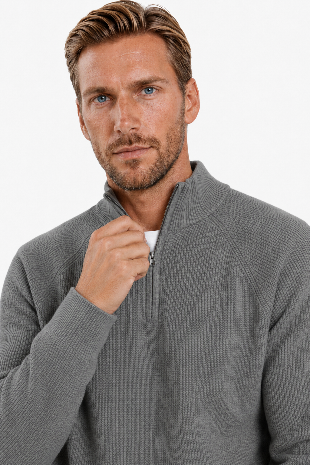 Half-Zip Striktrøje til Mænd – Grå, Blød Bomuld med Høj Krave - - Sweatre - Valmont Wear