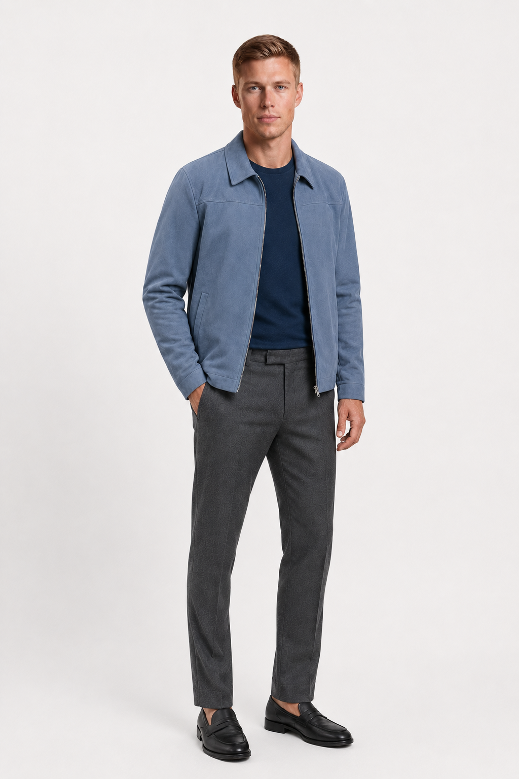 Herre Ruskindjakke Blå - Regular Fit Jakke i Ægte Ruskind med Lynlås - - Jakker - Valmont Wear