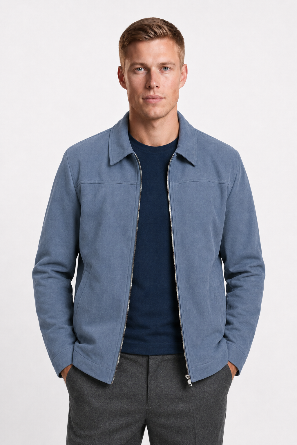 Herre Ruskindjakke Blå - Regular Fit Jakke i Ægte Ruskind med Lynlås - - Jakker - Valmont Wear