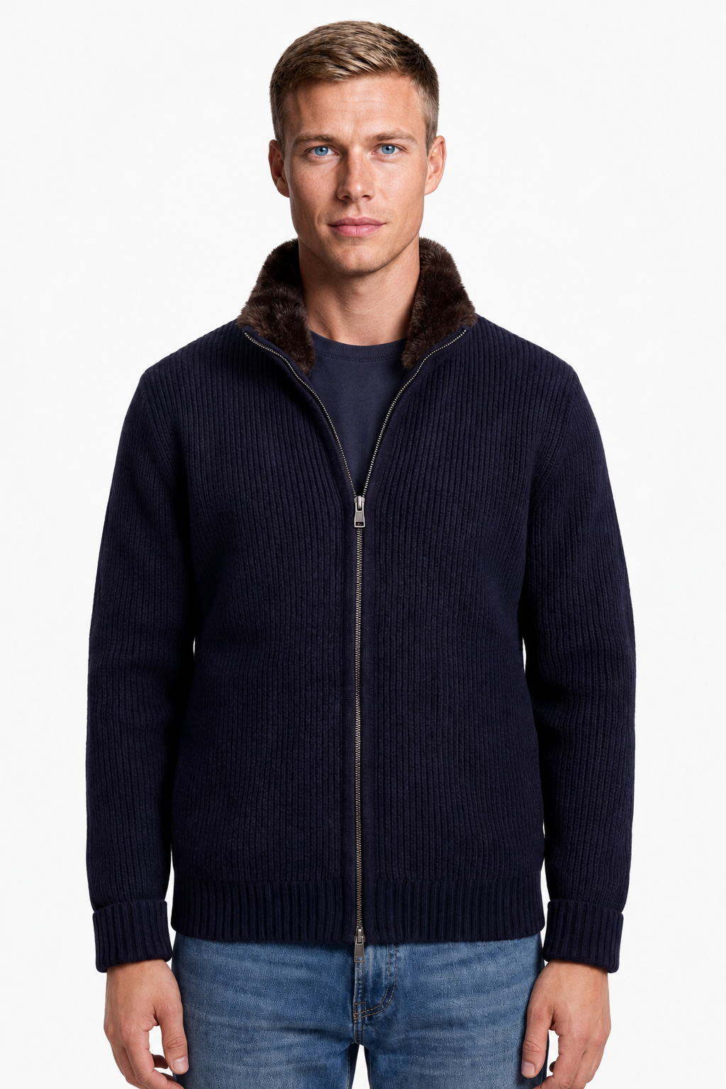 Herre Strikjakke til Mænd - Navy - Uld - Lynlås Pelsforet Krave - - Jakker - Valmont Wear