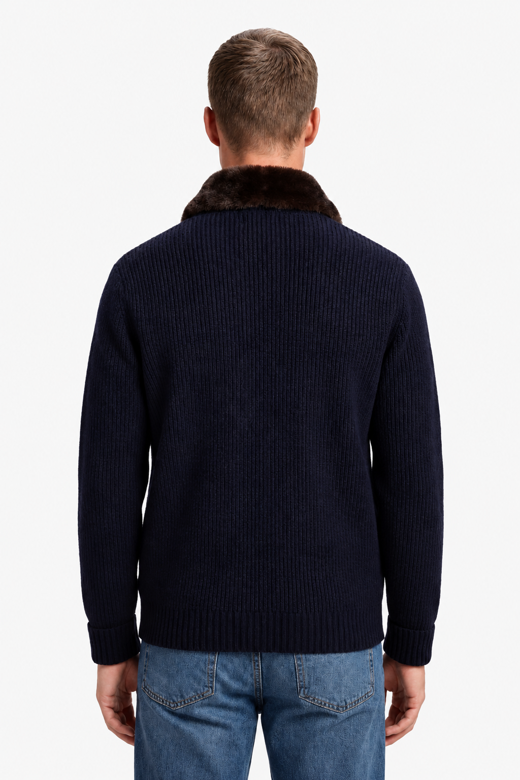 Herre Strikjakke til Mænd - Navy - Uld - Lynlås Pelsforet Krave - - Jakker - Valmont Wear