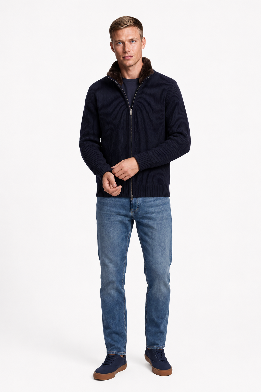 Herre Strikjakke til Mænd - Navy - Uld - Lynlås Pelsforet Krave - - Jakker - Valmont Wear