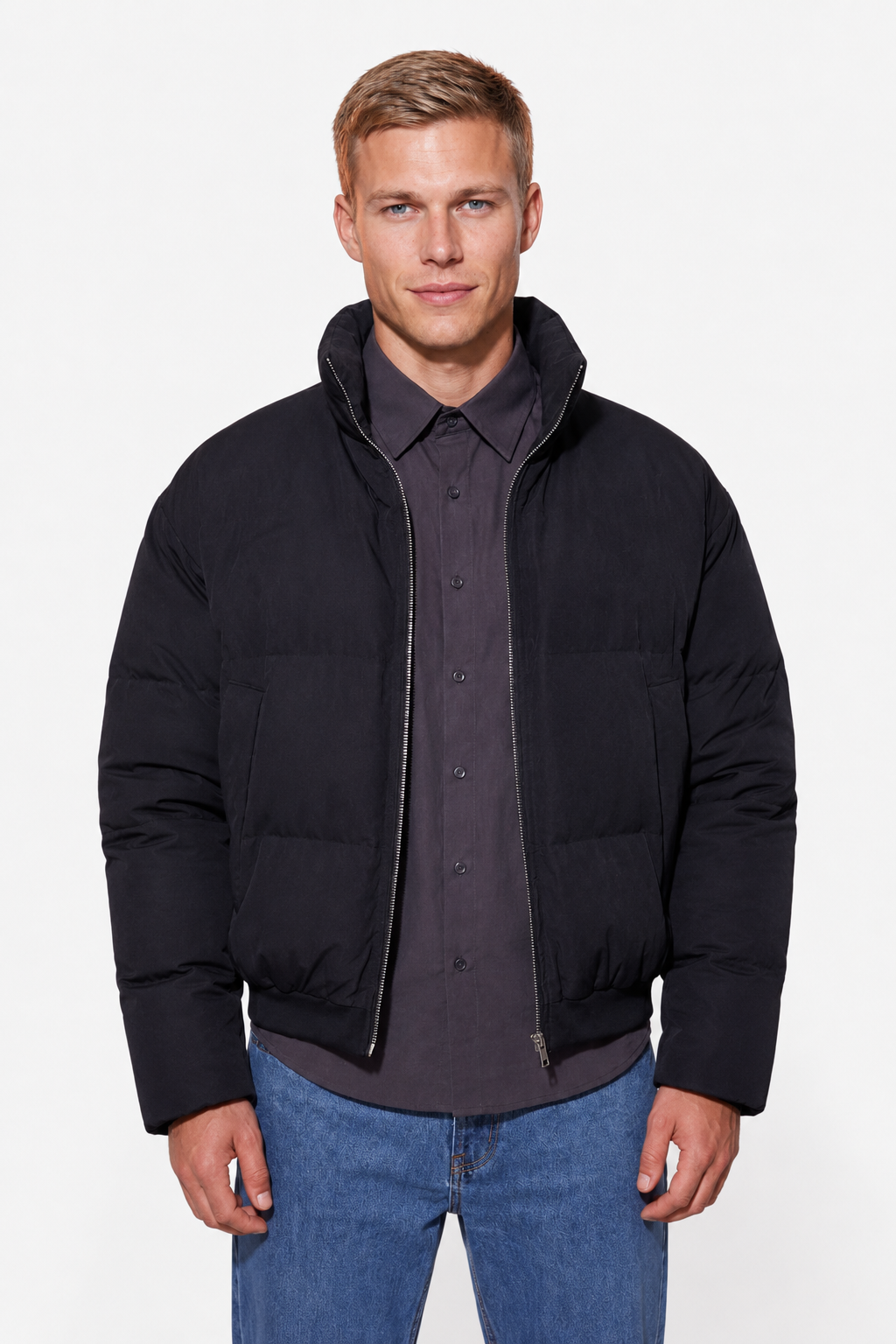 Sort Quiltet Pufferjakke til Mænd - Kort Regular Fit i Hør-look - - Jakker - Valmont Wear