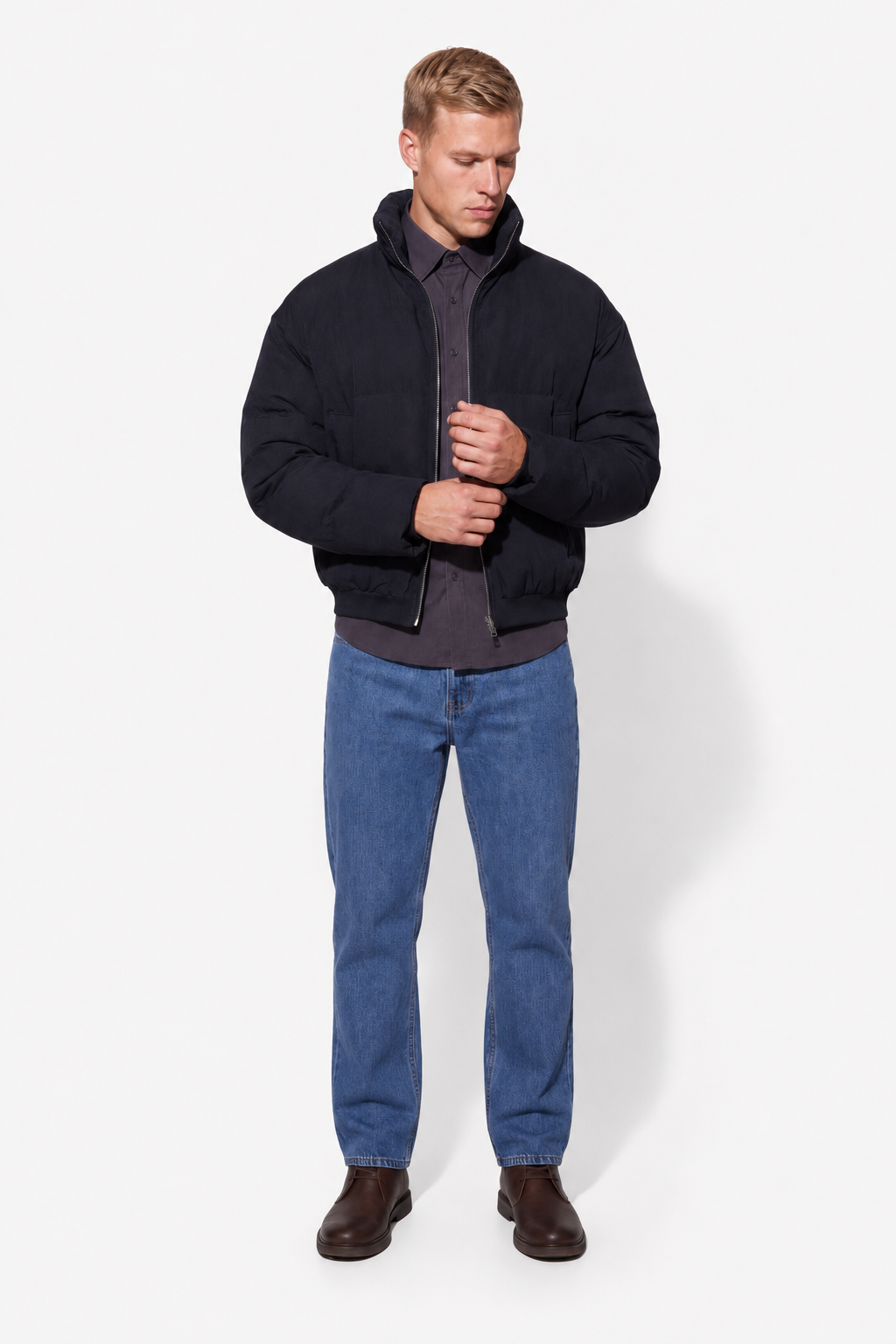 Sort Quiltet Pufferjakke til Mænd - Kort Regular Fit i Hør-look - - Jakker - Valmont Wear