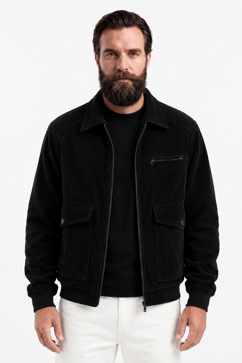 Herre sort corduroy jakke med lynlås i regular fit - perfekt til hverdagsbrug. - - Jakker - Valmont Wear