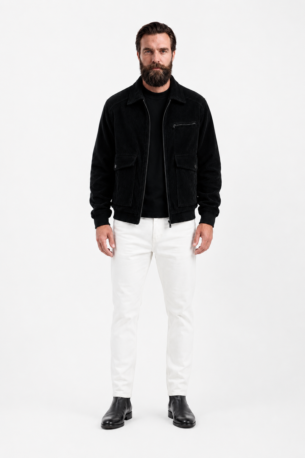 Herre sort corduroy jakke med lynlås i regular fit - perfekt til hverdagsbrug. - - Jakker - Valmont Wear