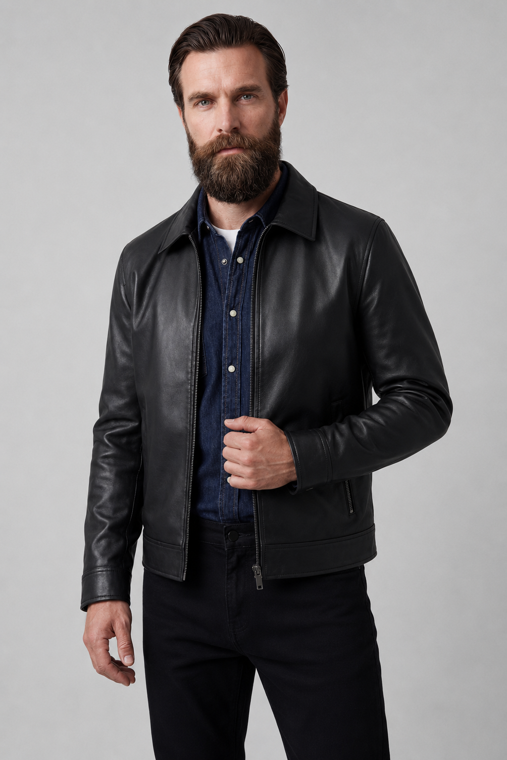 Herrenjacke in schwarzem Lederlook mit Reißverschluss