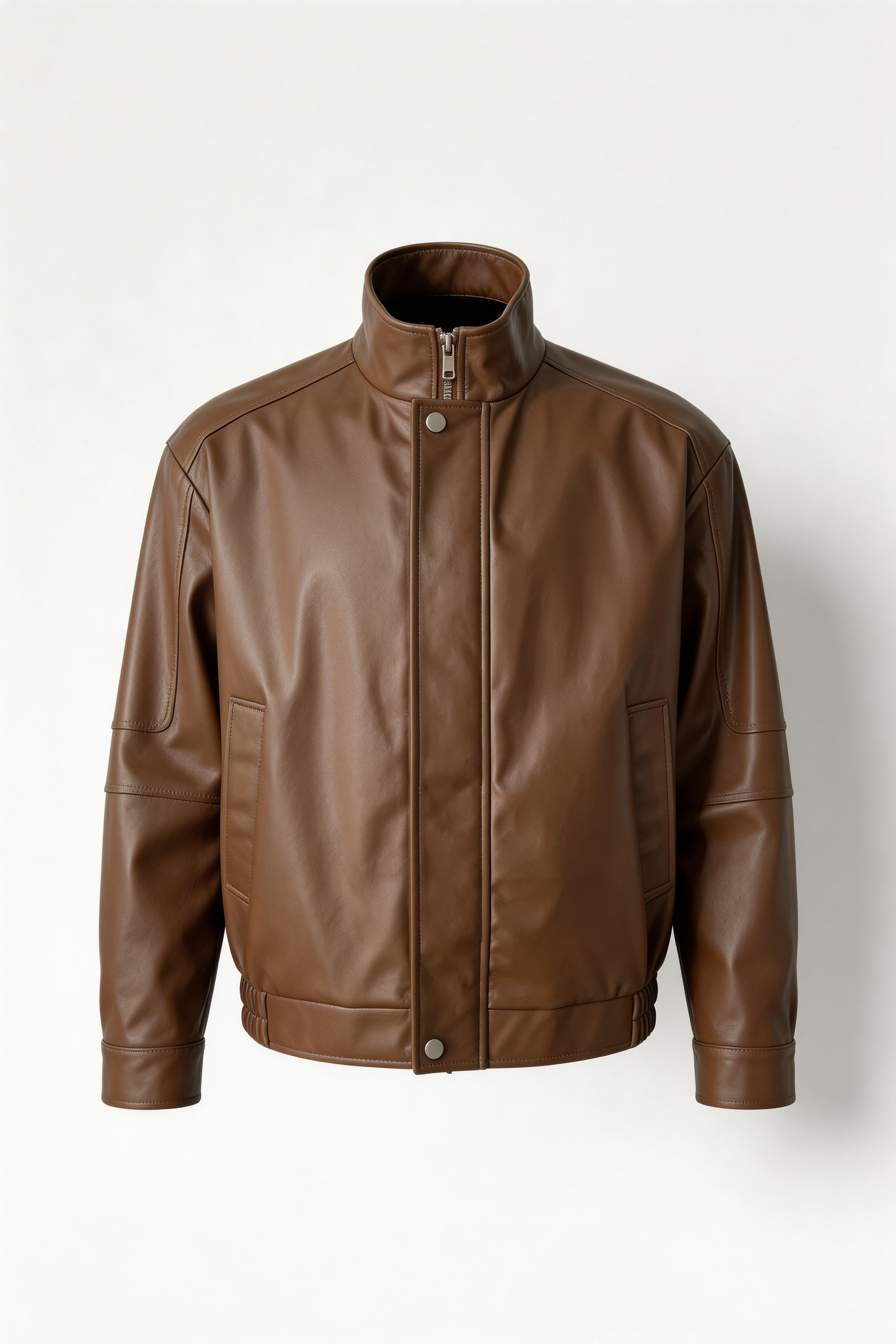 Men's Faux Leather Jacket - Brown - Faux Leather - Loose Fit with Zipper