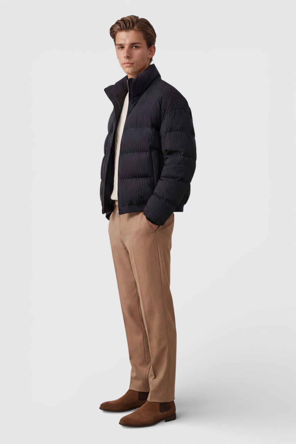 Kort quiltet pufferjakke med ståkrave – sort