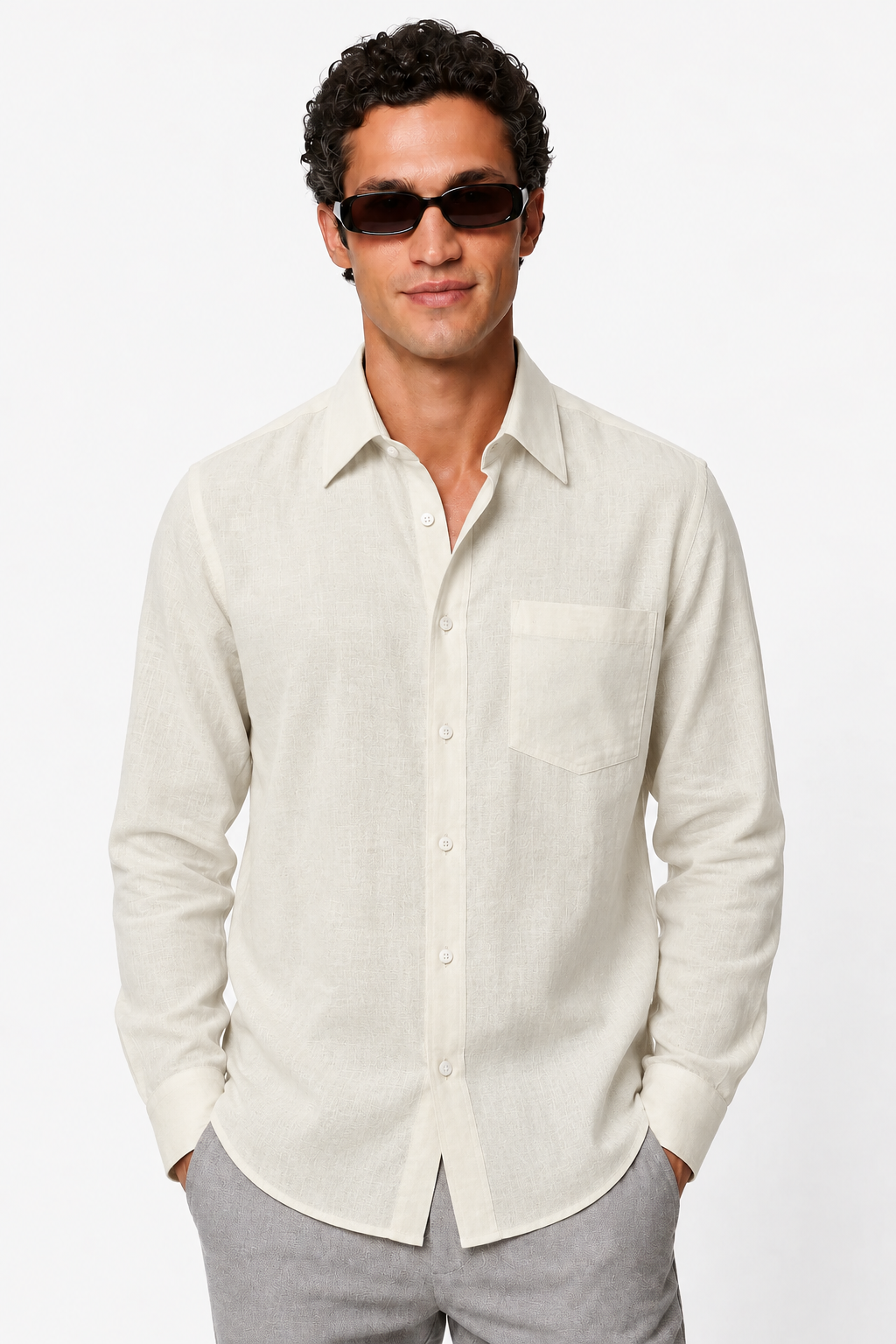 Chemise homme couleur sable en polyester, col classique, poche poitrine
