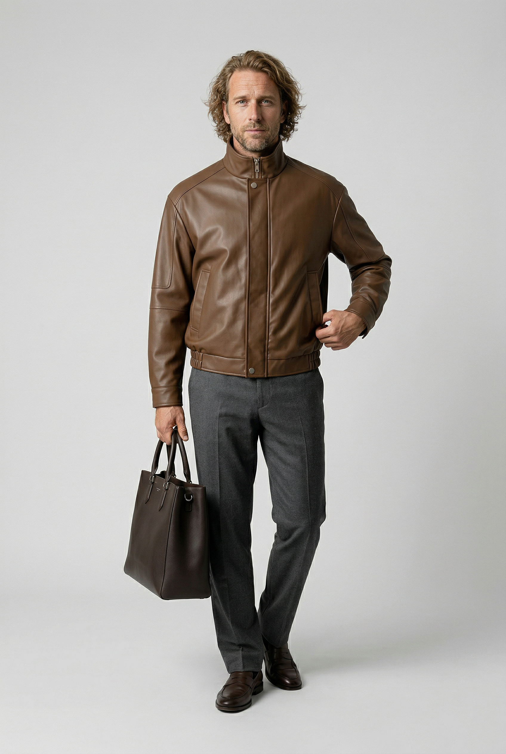 Men's Faux Leather Jacket - Brown - Faux Leather - Loose Fit with Zipper