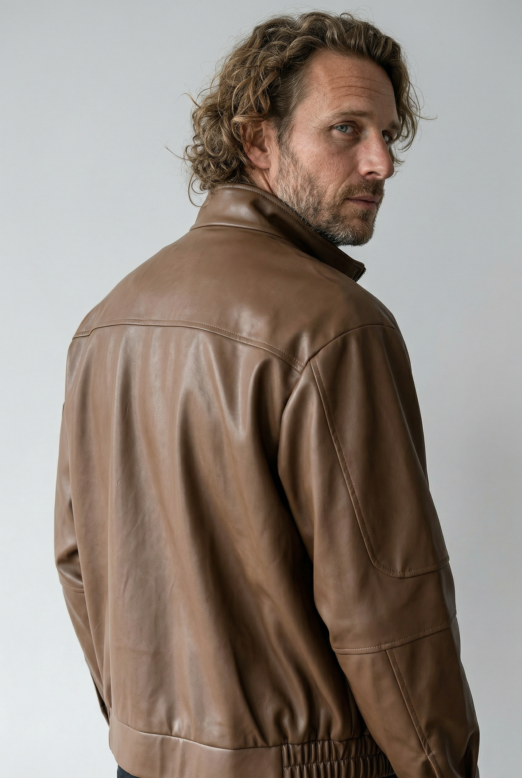 Men's Faux Leather Jacket - Brown - Faux Leather - Loose Fit with Zipper