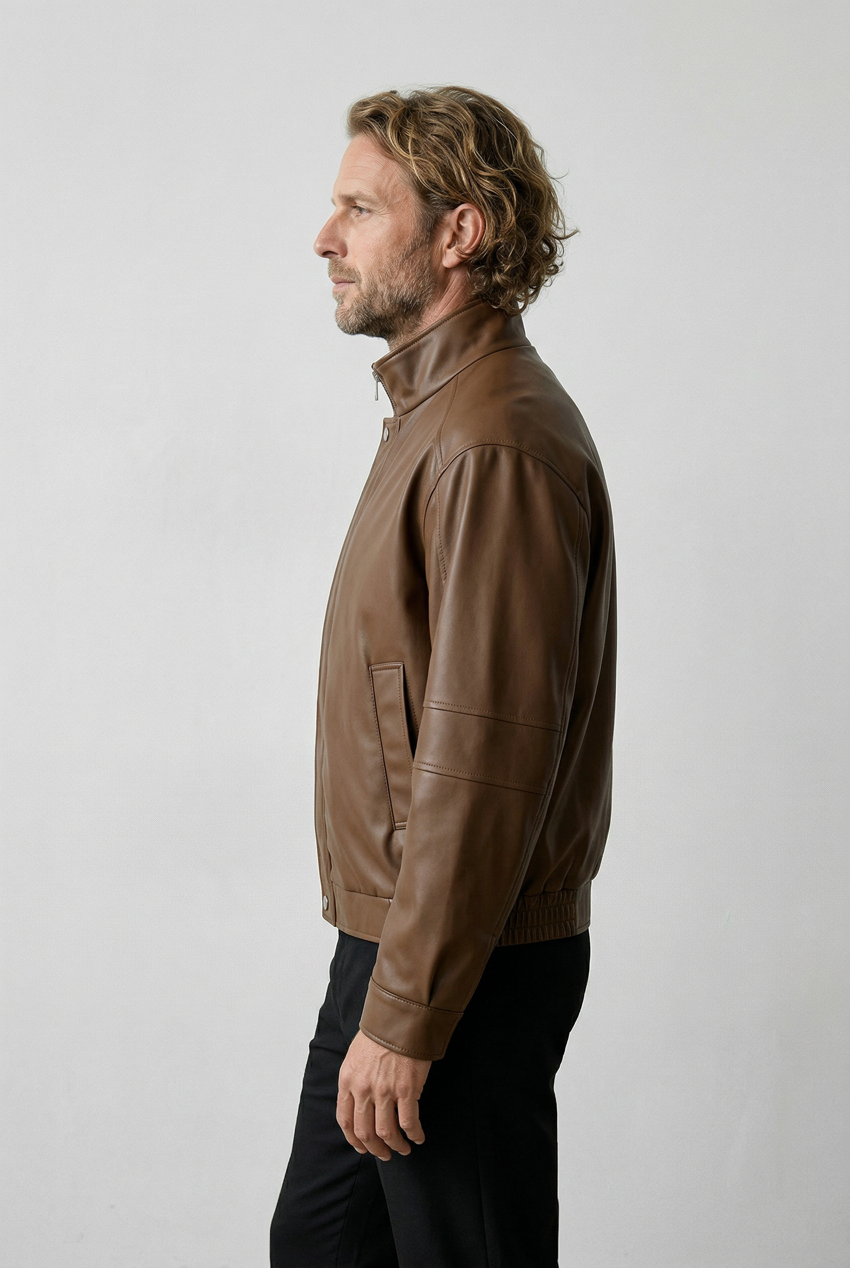 Men's Faux Leather Jacket - Brown - Faux Leather - Loose Fit with Zipper