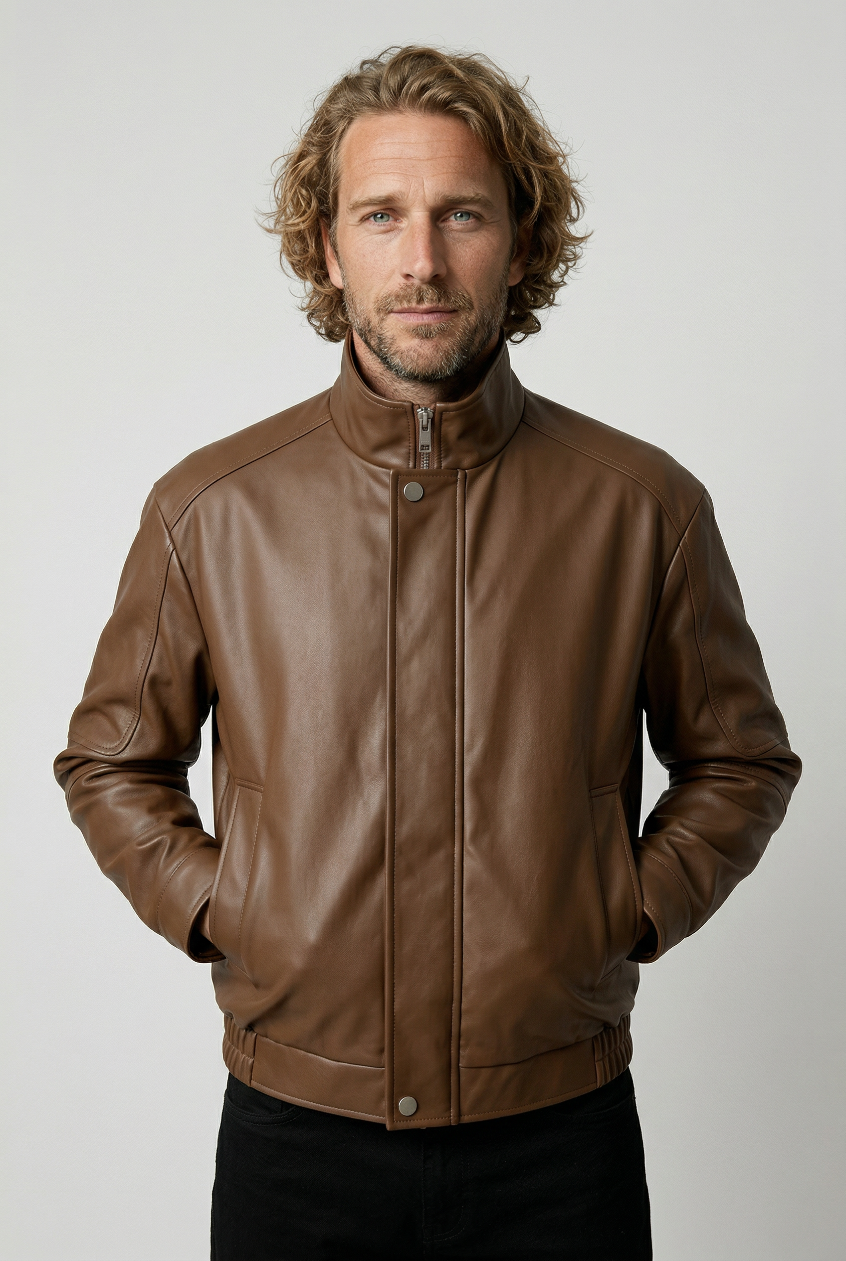Men's Faux Leather Jacket - Brown - Faux Leather - Loose Fit with Zipper