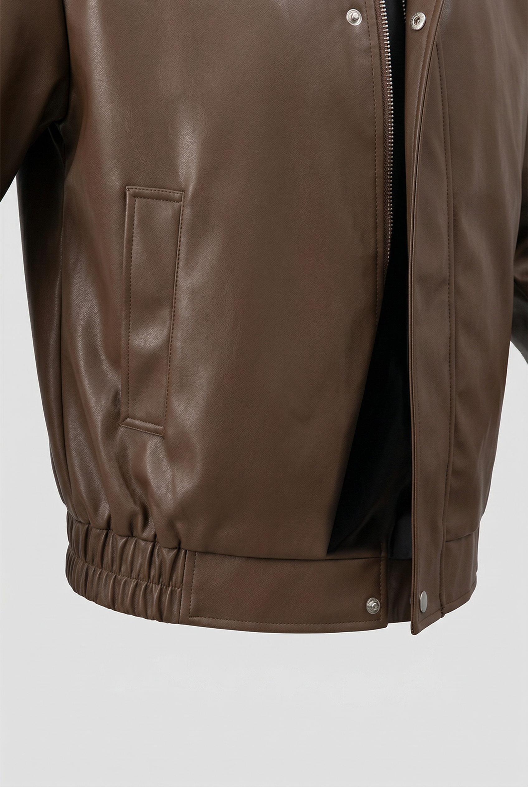 Men's Faux Leather Jacket - Brown - Faux Leather - Loose Fit with Zipper