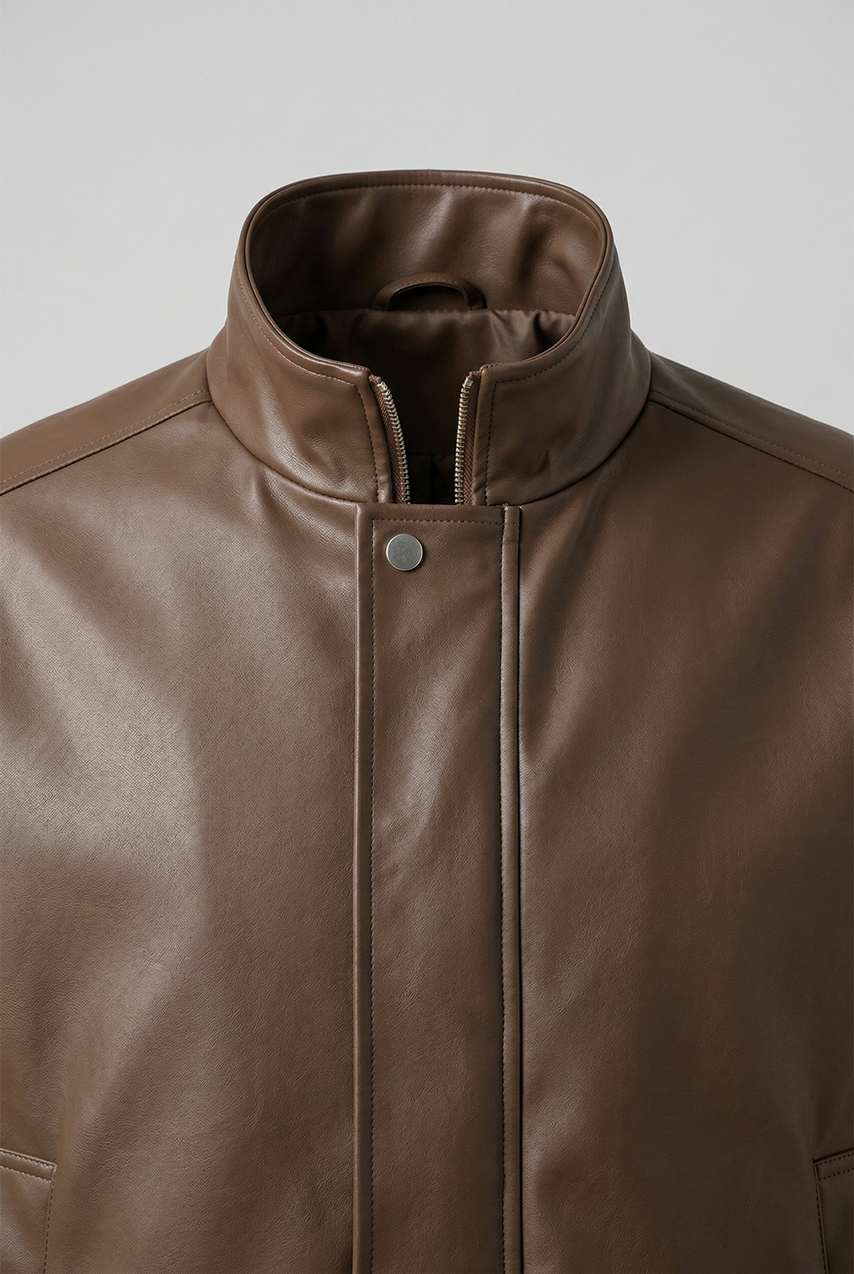Men's Faux Leather Jacket - Brown - Faux Leather - Loose Fit with Zipper