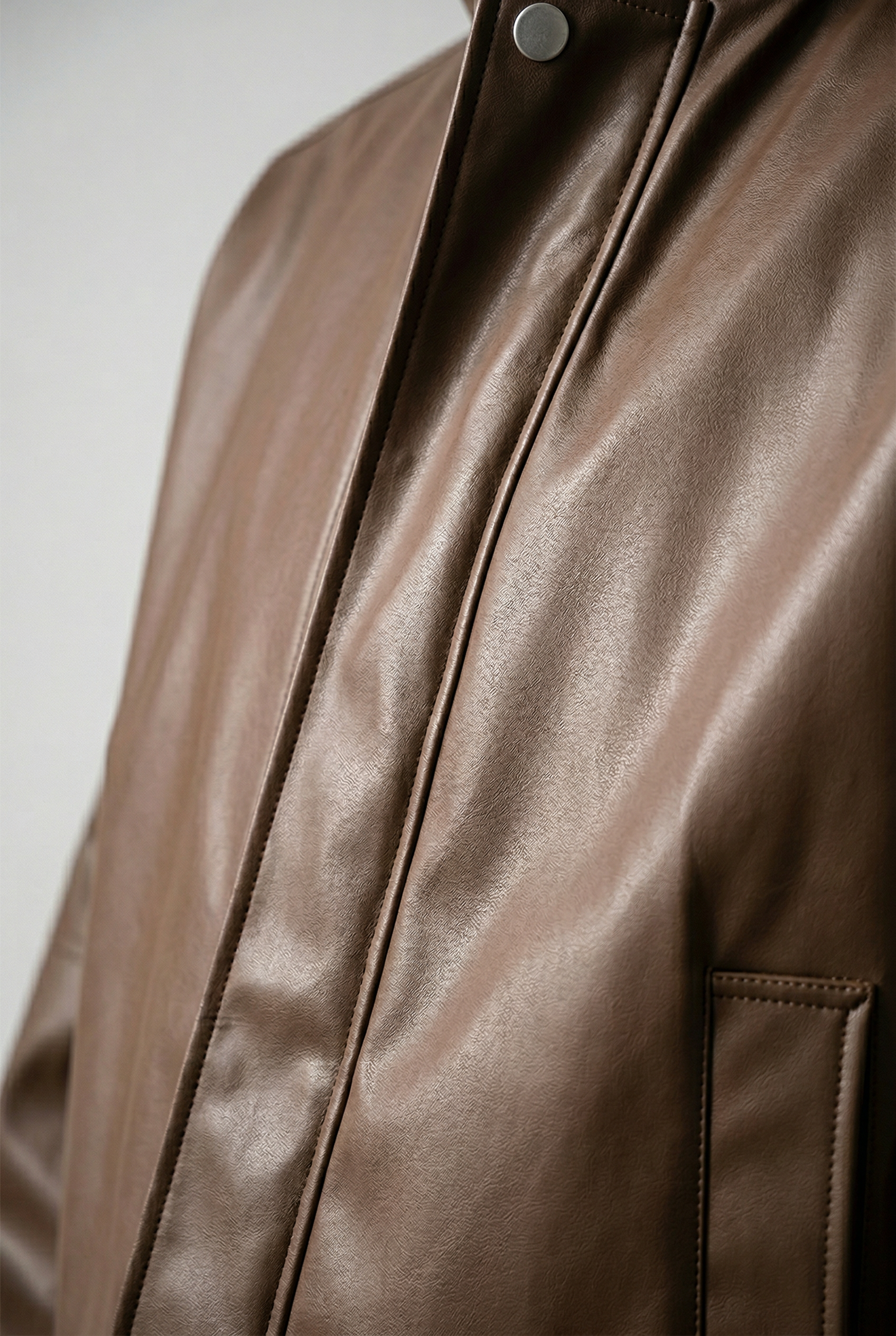 Men's Faux Leather Jacket - Brown - Faux Leather - Loose Fit with Zipper