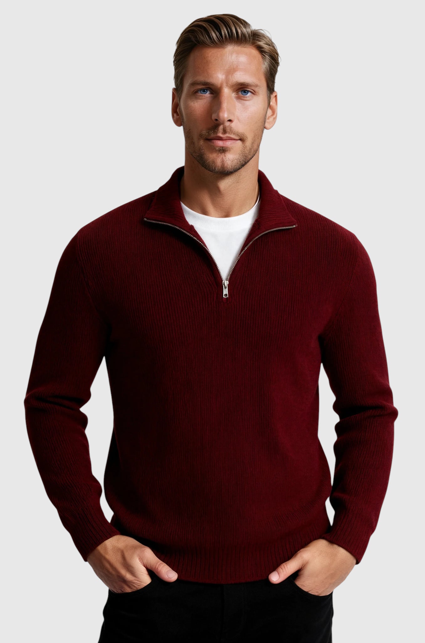 Herre Half-Zip Striktrøje med Ståkrave – Bourgogne