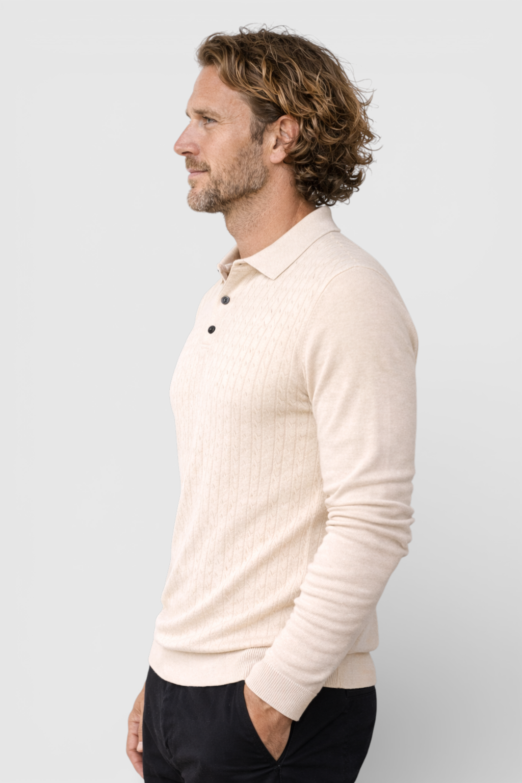 Herre Pullover med Krave - Kabelstrik, Langærmet, Beige - Valmont Wear