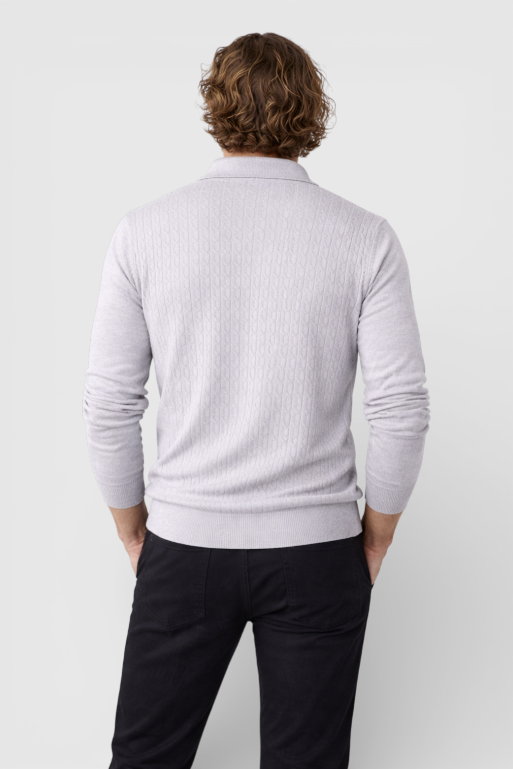 Herre Pullover med Krave – Kabelstrik, Langærmet, Lys Grå