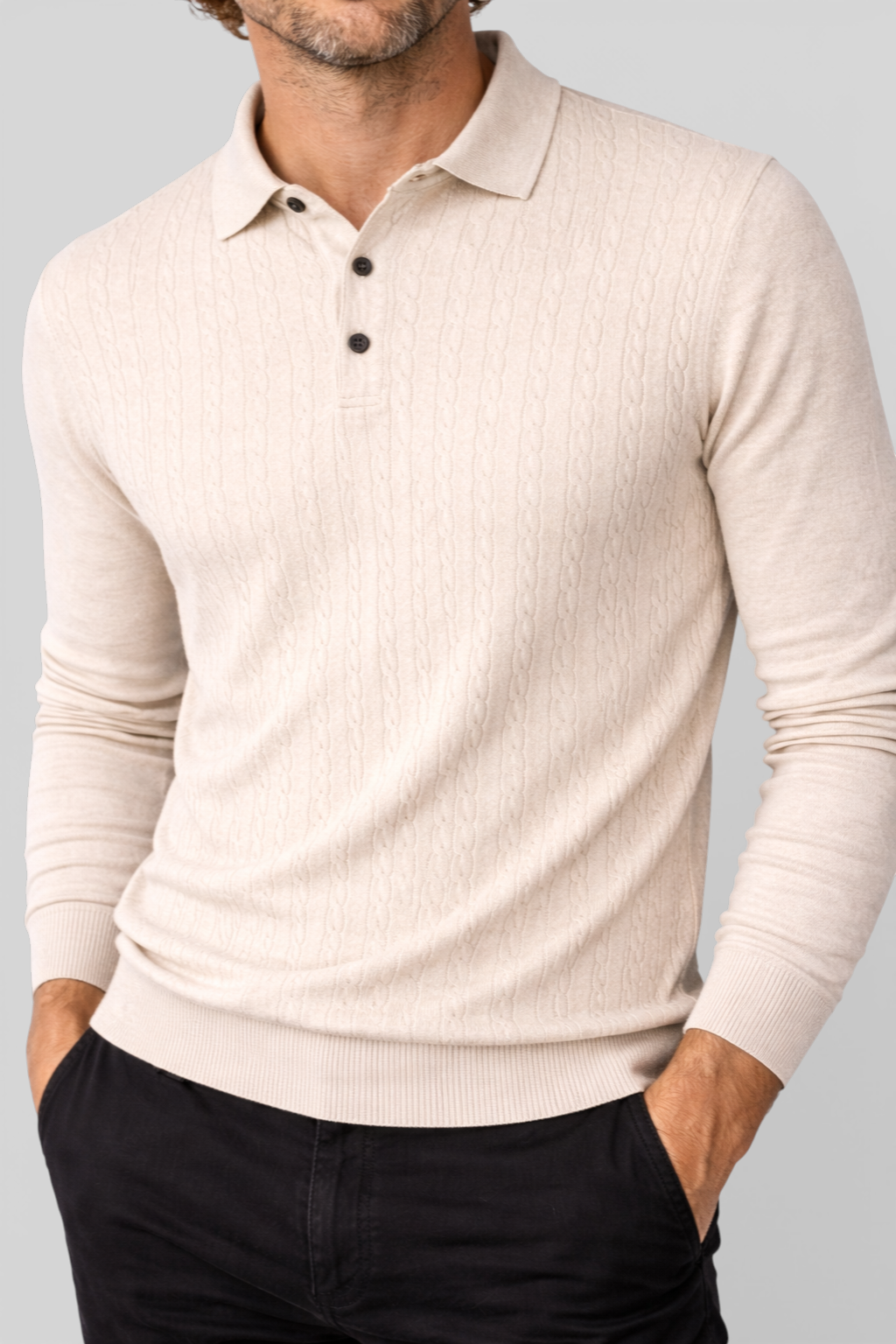 Herre Pullover med Krave - Kabelstrik, Langærmet, Beige - Valmont Wear