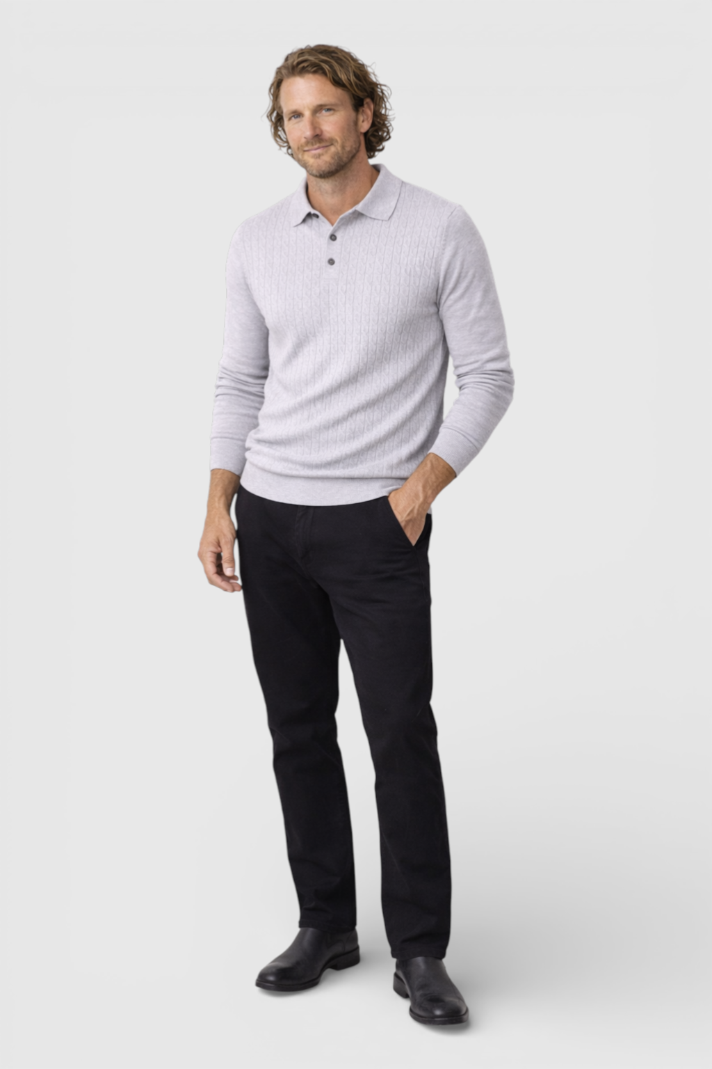 Herre Pullover med Krave – Kabelstrik, Langærmet, Lys Grå