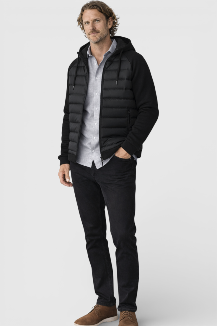 Løs pasform hættejakke med dun – Sort