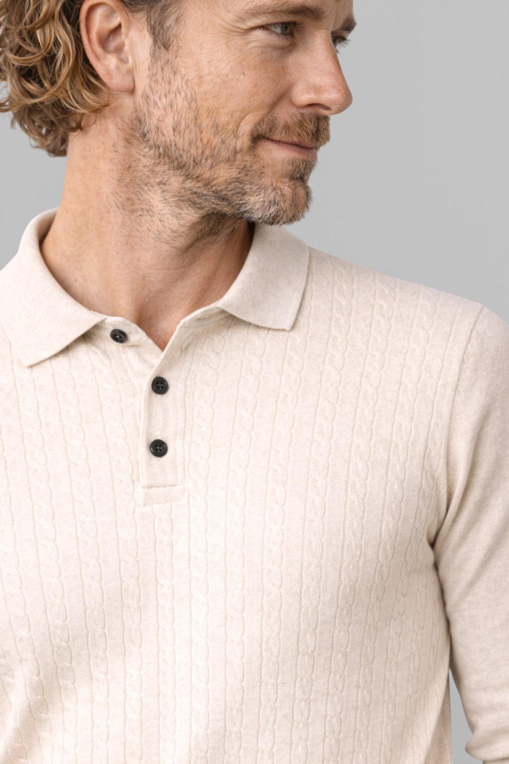Herre Pullover med Krave - Kabelstrik, Langærmet, Beige - Valmont Wear