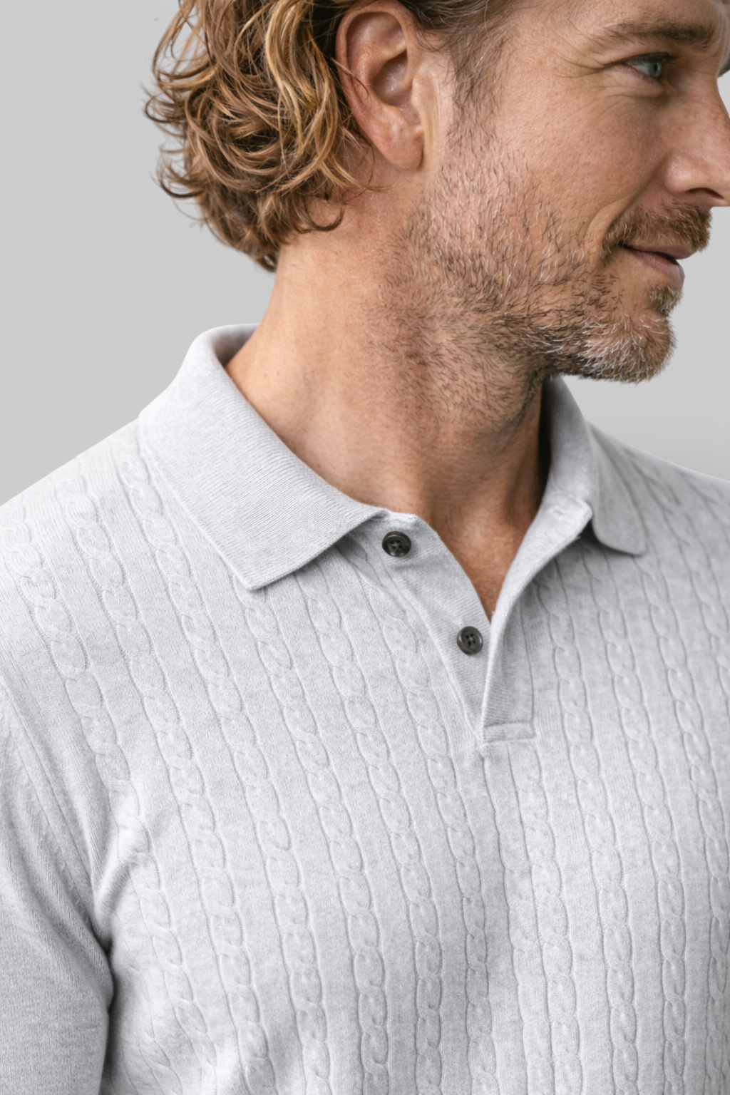 Herre Pullover med Krave - Kabelstrik, Langærmet, Lys Grå - Valmont Wear