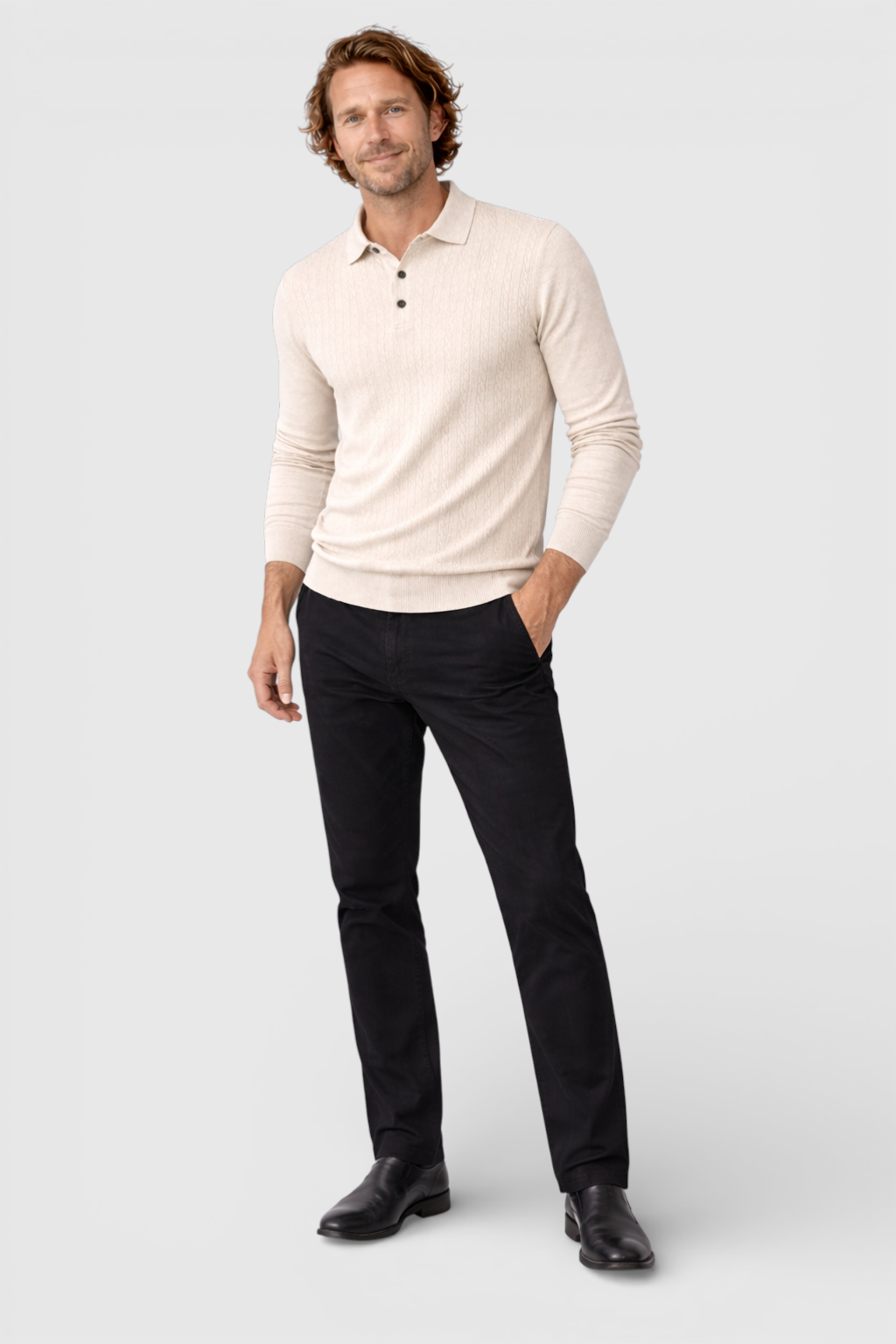 Herre Pullover med Krave - Kabelstrik, Langærmet, Beige - Valmont Wear