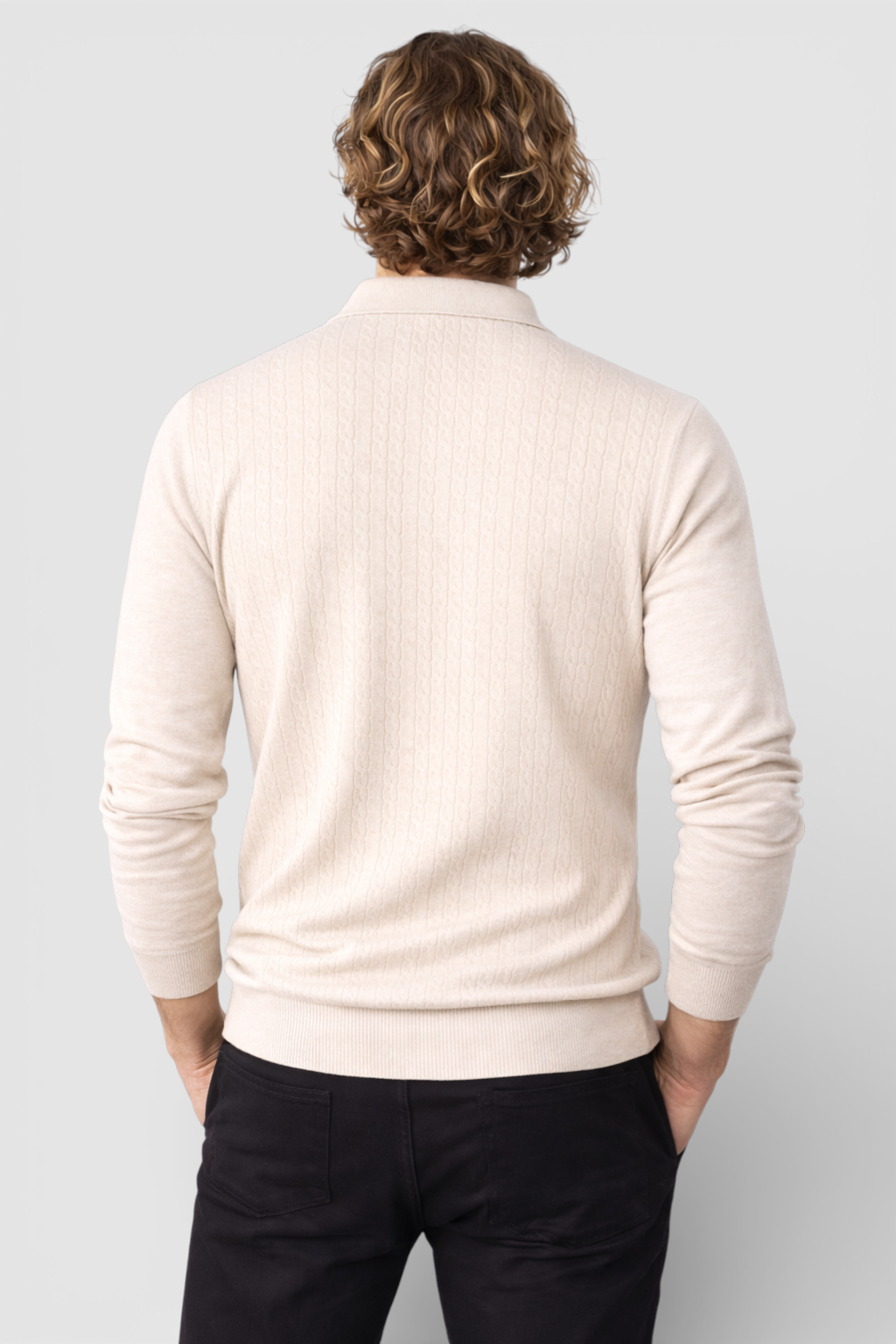 Herre Pullover med Krave - Kabelstrik, Langærmet, Beige - Valmont Wear