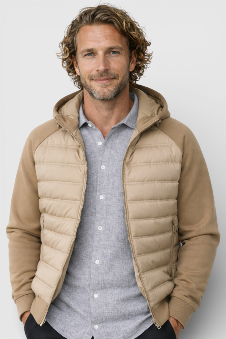 Løs pasform hættejakke med dun – Khaki Beige