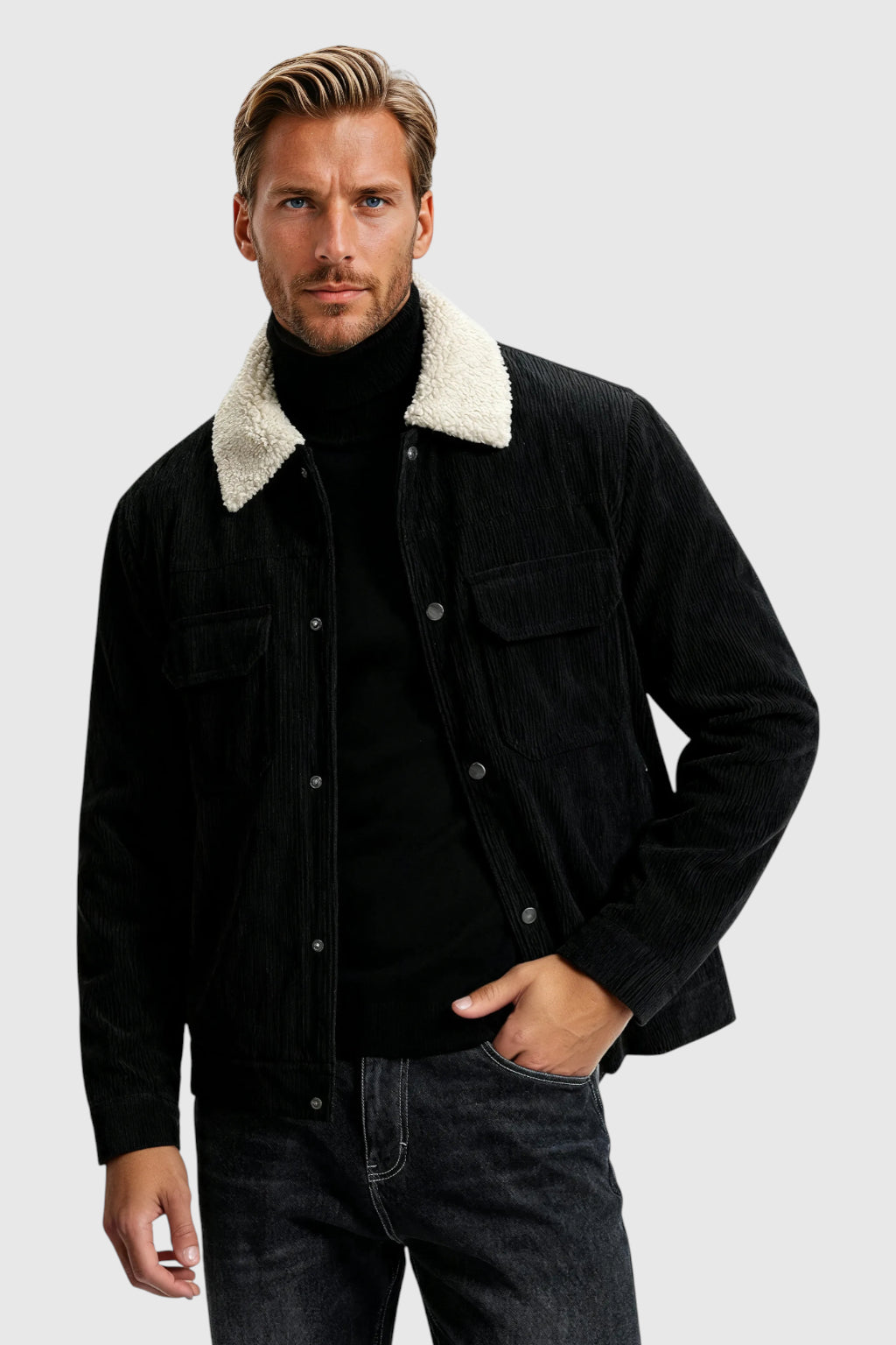 Herrejakke i fløjl med sherpa-krave og trykknapper - Sort - Sort - Jakker - Valmont Wear