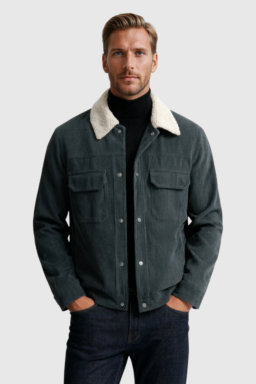 Herrejakke i fløjl med sherpa-krave og trykknapper - Mørk Koksgrå - Mørk Koksgrå - Jakker - Valmont Wear