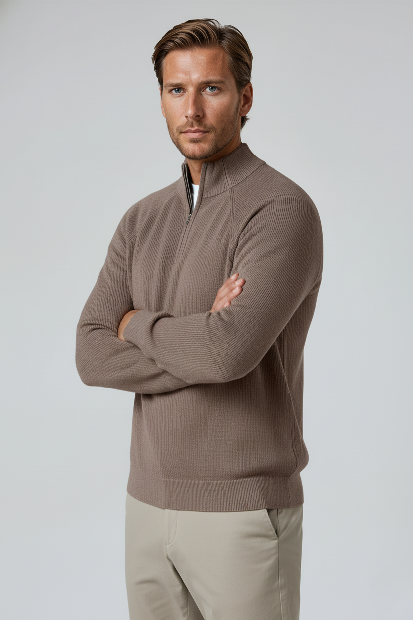 Herre Half-Zip Striktrøje med Ståkrave – Taupe Brun