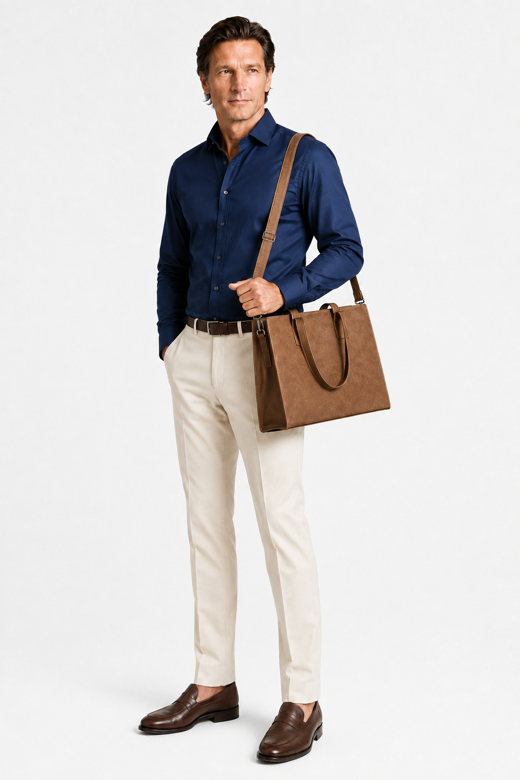 Brown Business Bag for Men with Handles and Adjustable Shoulder Strap