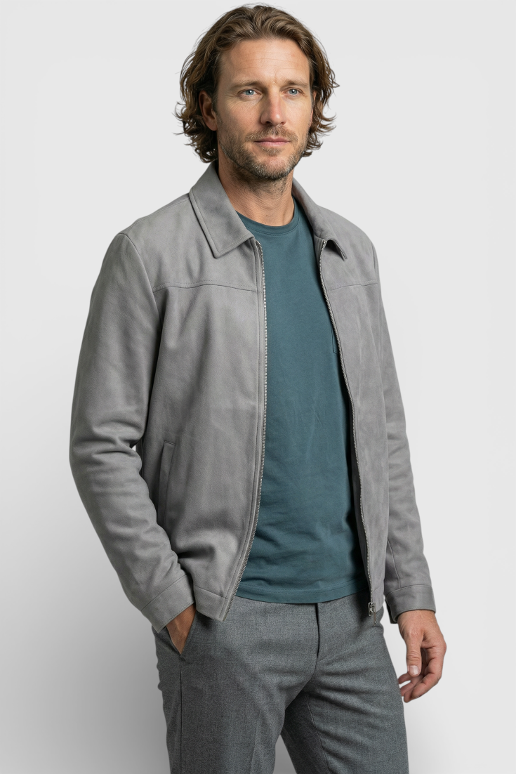Lysegrå Suede Jakke til Mænd - Moderne Casual Jakke - Jakker - Valmont Wear