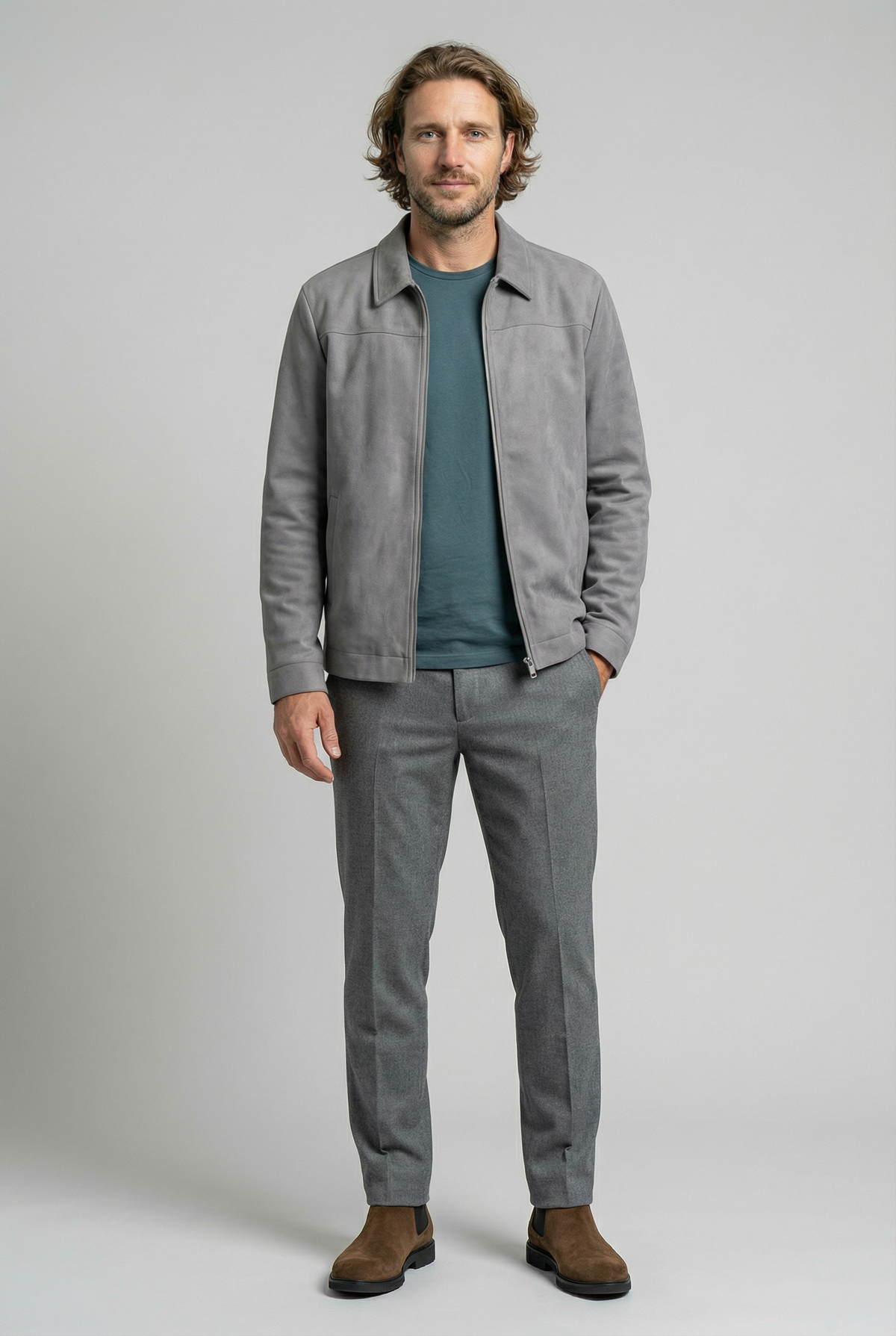 Lysegrå Suede Jakke til Mænd - Moderne Casual Jakke - Jakker - Valmont Wear
