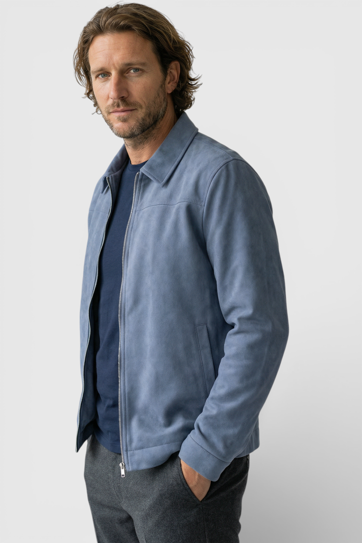 Dusty Blue Suede Jakke til Mænd – Elegant og Alsidig Hverdagsjakke