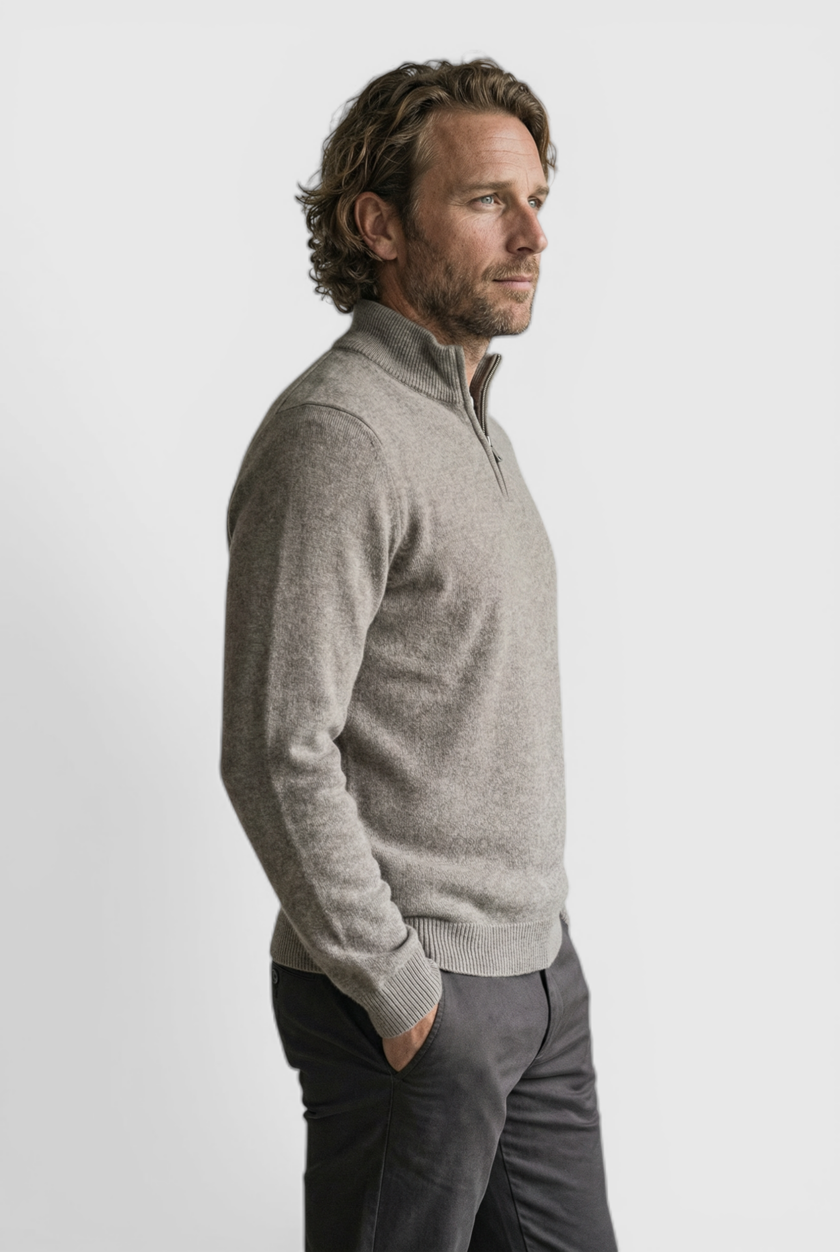 Herre Half-Zip Striktrøje med Ståkrave – Lys taupe