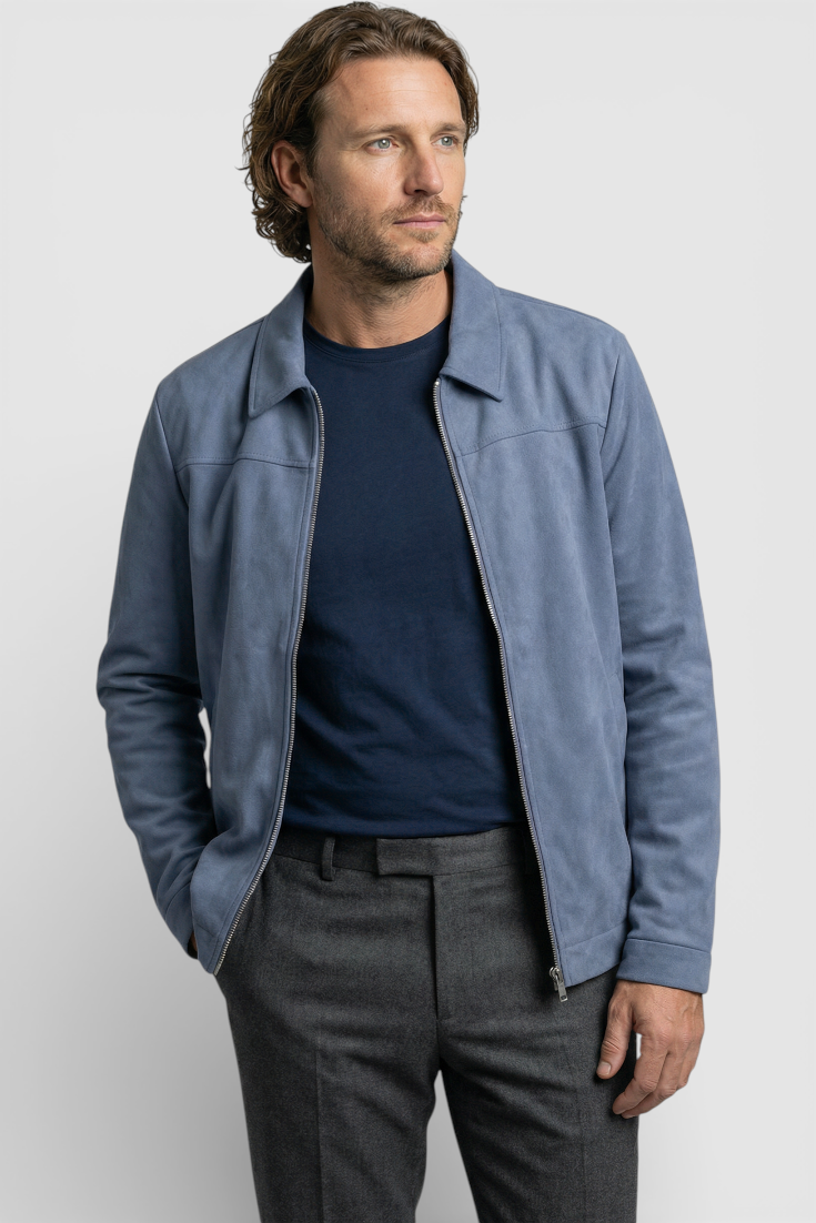Dusty Blue Suede Jakke til Mænd – Elegant og Alsidig Hverdagsjakke