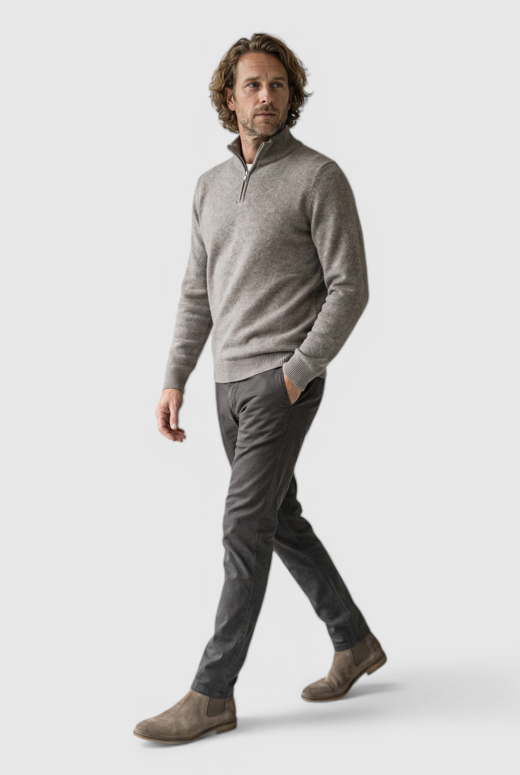 Herre Half-Zip Striktrøje med Ståkrave – Lys taupe