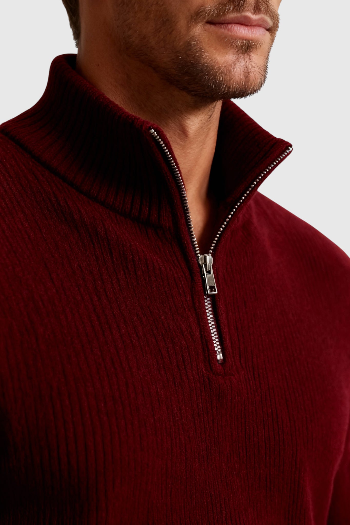 Herre Half-Zip Striktrøje med Ståkrave – Bourgogne
