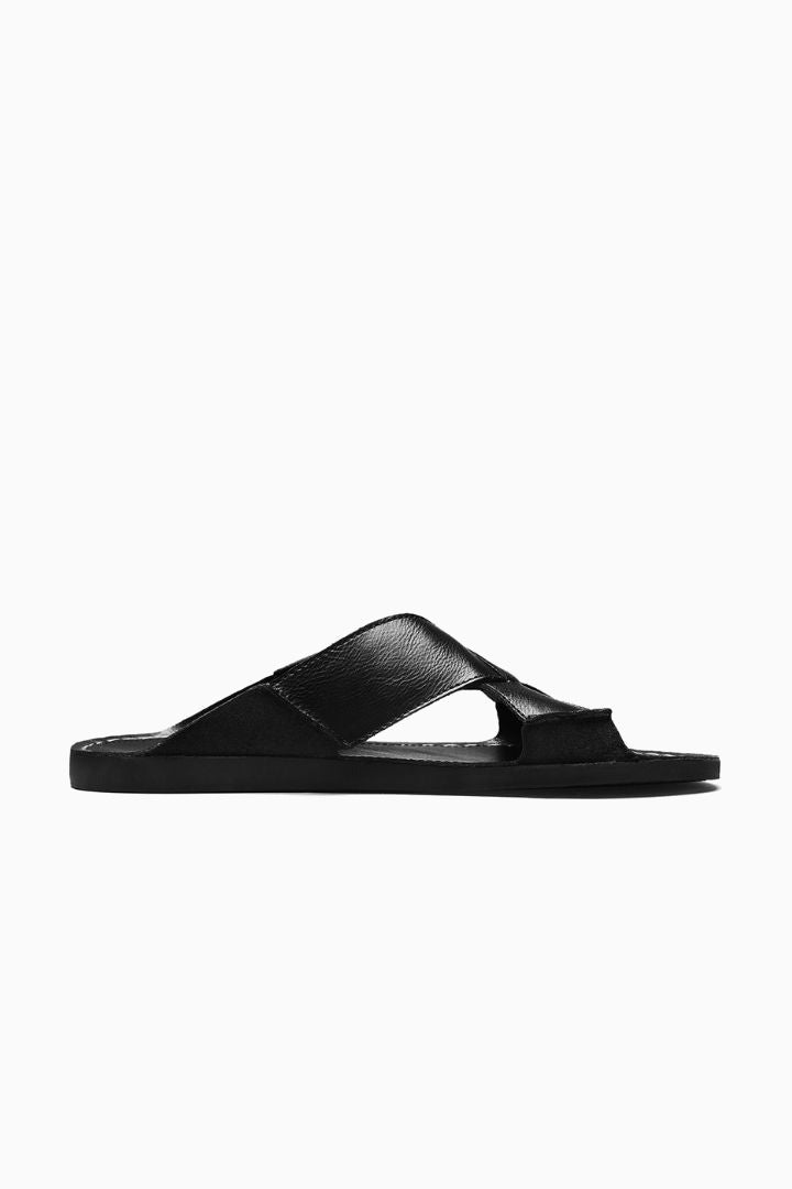 Herresandaler i Sort Læder - Krydsrem Slip-On Komfort