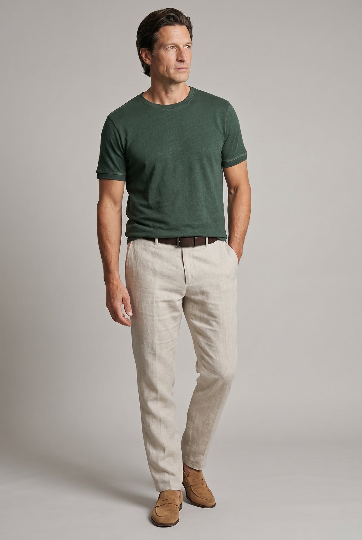 T-Shirt til Mænd - Mørkegrøn - Lin - Slim Fit - frame 2