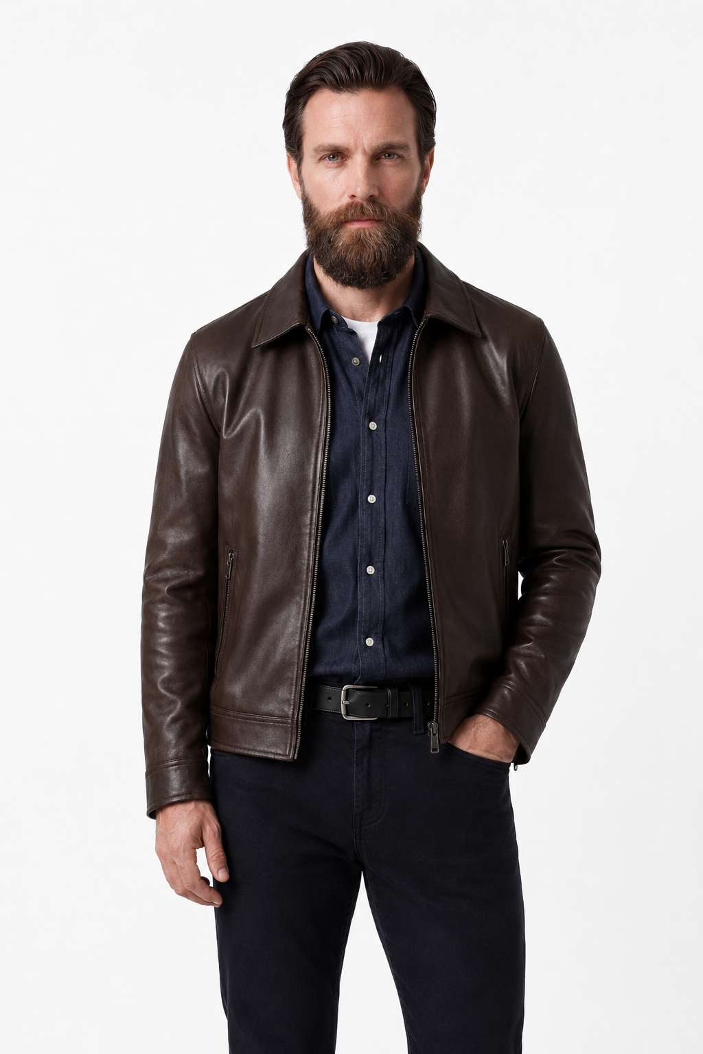 Herre Jakke i Mørkebrunt Kunstlæder – Stilfuld Læderlook Jakke med Lynlås - - Jakker - Valmont Wear