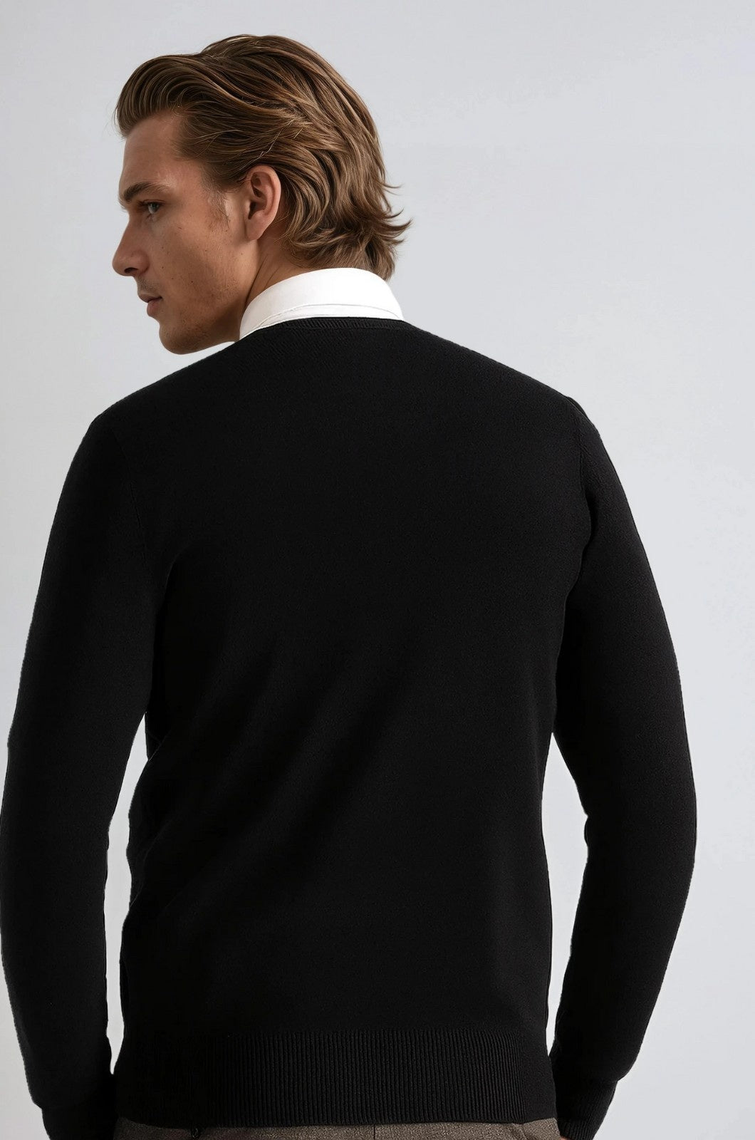 Herre Klassisk Crew Neck Pullover Sweater – Ensfarvet, Ribdetaljer, Casual Fit – Sort - - Sweatre - Valmont Wear