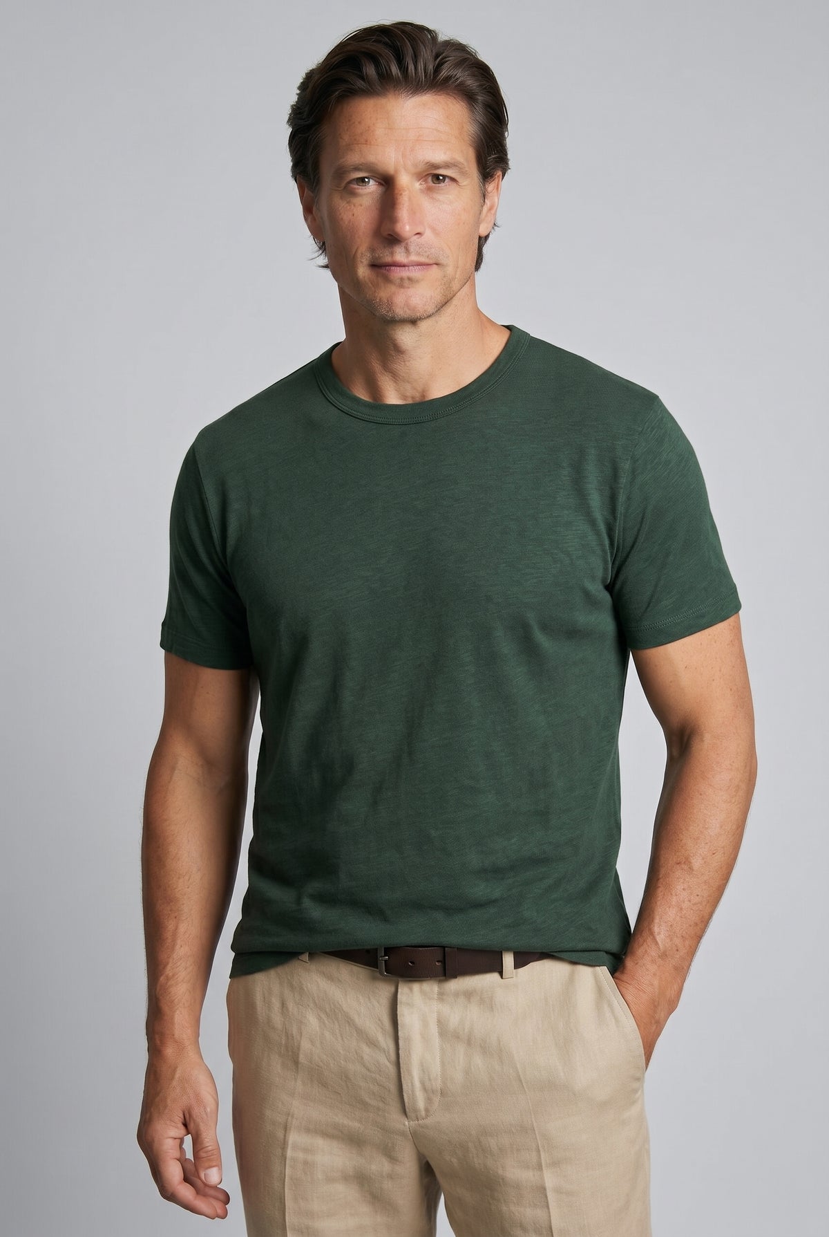 T-Shirt til Mænd - Mørkegrøn - Lin - Slim Fit - frame 1