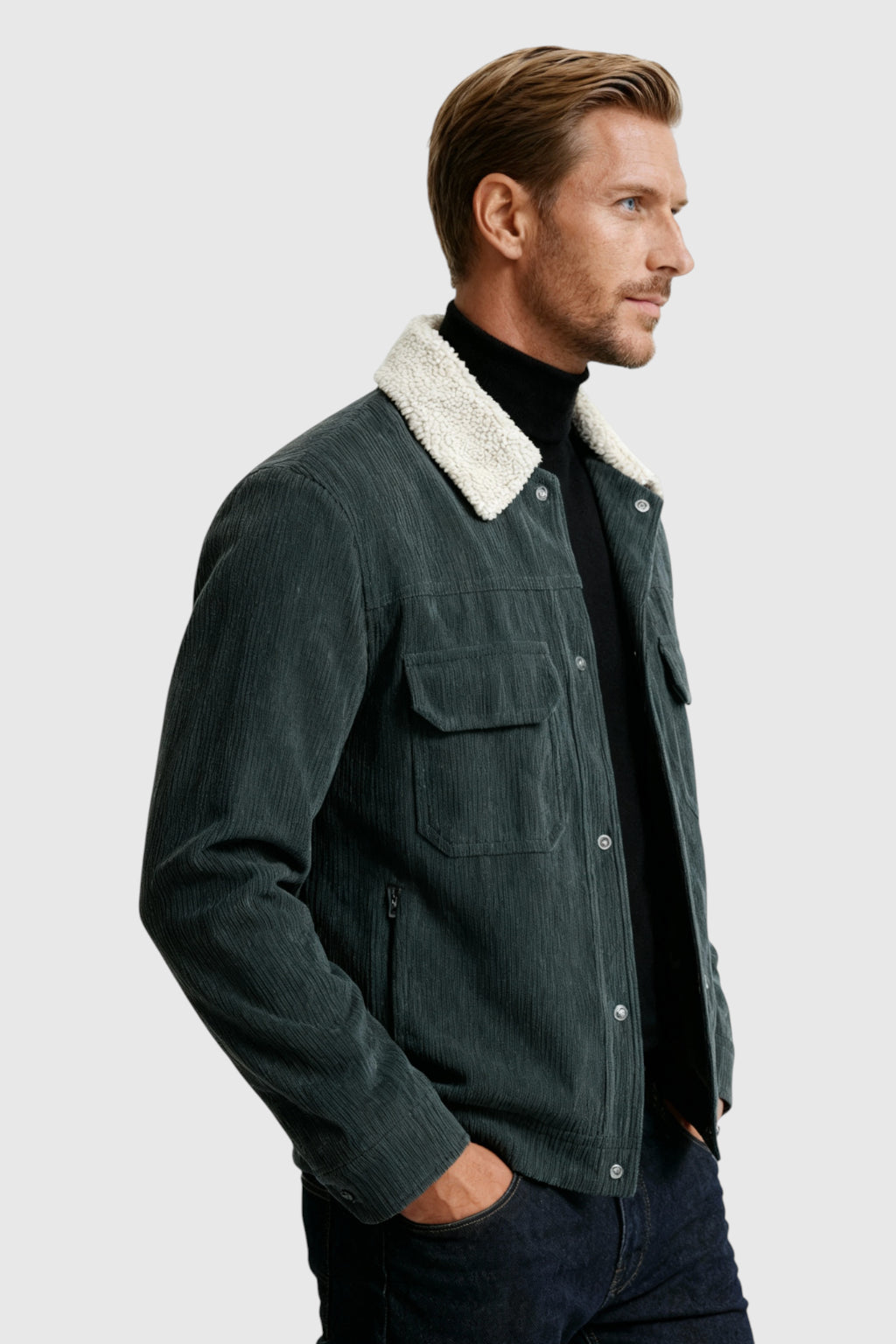 Herrejakke i fløjl med sherpa-krave og trykknapper - Mørk Koksgrå - - Jakker - Valmont Wear